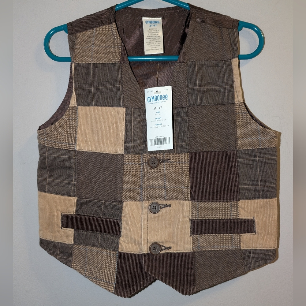 🆕 Gymboree Holiday Pictures Brown and Tan Patchwork Vest 2T 3T Toddler Boys 🤎